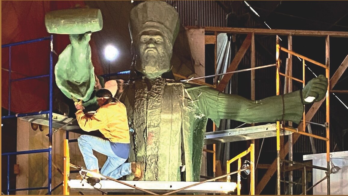 Monumental figure under construction in the studio